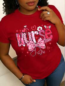2026 Women' Nurse Letter Print Theme T-Shirt - Nursing Top With Heart Pattern, Bowknot And Stethoscope Design - - 紅色 - 查看 1