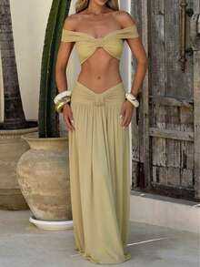 PoPoHouse 女士优雅两件套性感露肩褶皱短款上衣和高腰飘逸长裙，适合夏季海滩度假、派对、婚礼宾客外出穿着，浅黄色两件套 - 淺黃色 - 查看 3