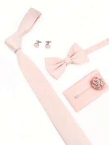 Bộ 5 món dành cho phù rể đám cưới, bao gồm cà vạt, nơ, khăn cài túi áo, hoa cài áo chú rể và khuy măng sét, màu hồng pastel, kiểu INS. - Màu Hồng baby - Xem 2