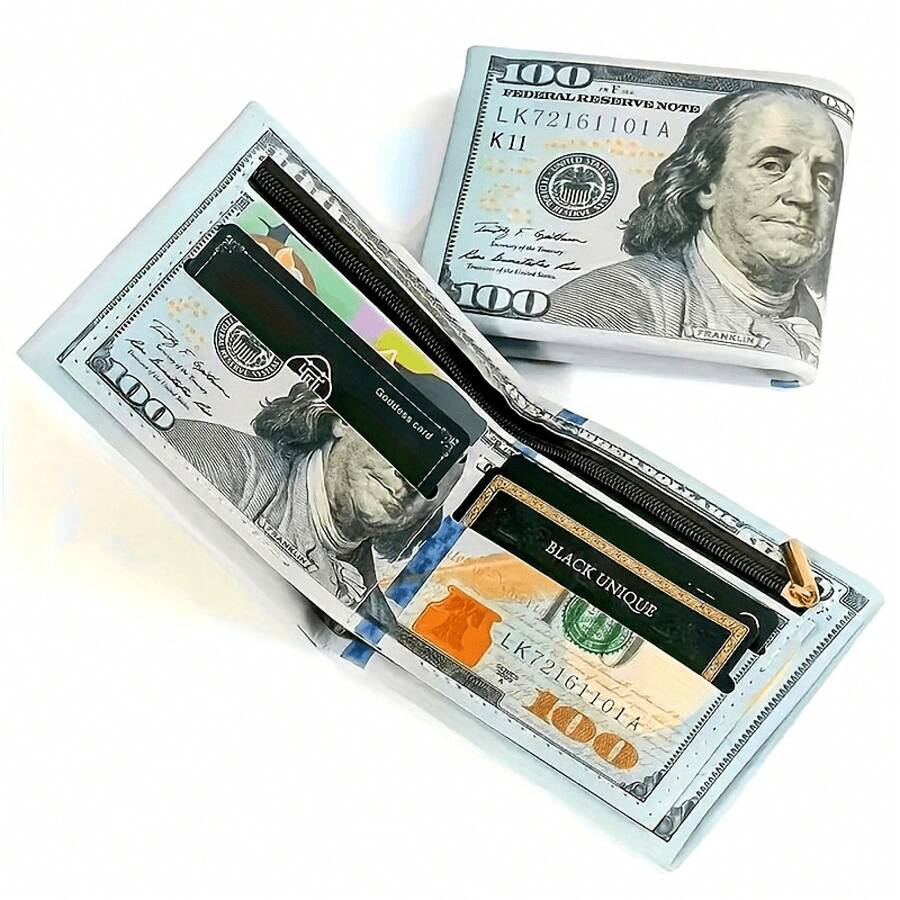 1pc Vintage Dollar Pattern Ultra-Thin Wallet, Credit Card Holder, Zippered Coin Purse, PU Leather Convenient Business Folding Card Holder - 1 - 查看 1