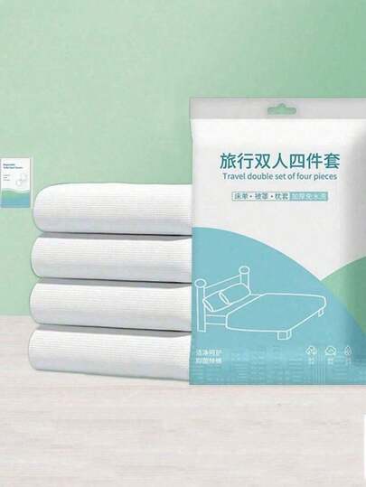 1 Set de ropa de cama desechable para viajes | Ropa de cama de hotel portátil y ligera | Incluye sábana, funda de edredón, funda de almohada y cubierta de asiento de inodoro | Esencial para campamentos al aire libre y viajes de negocios | Esterilizado, reforzado y a prueba de polvo, empaquetado individualmente