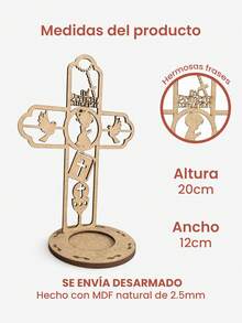 Cruz de Madera MDF Calada Primera Comunión Niña con Base Redonda Centro de Mesa Religioso Decorativo Recuerdo para Evento Bautizo Comunión Decoración Mesa Dulces Estilo Vintage Natural - Ver 2