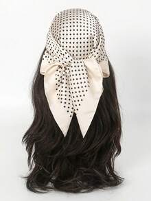 1条70*70厘米方形真丝围巾，女士缎面印花头巾，颈巾，发带，时尚女士披肩，围巾 - 白色小波點 - 查看 3