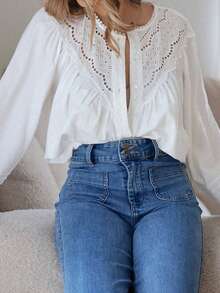 Look Polly 女士春夏法式柔和纹理棉质镂空蕾丝花边荷叶边泡泡袖衬衫白色休闲度假装 - 白色 - 查看 6