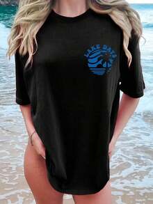 Cotton T-Shirt-[Double-Sided Print]Boat Letter Print Short-Sleeve Round Neck T-Shirt-Short Sleeve Crew Neck T-Shirt-Vacation Outfits Women-Summer Tops - 黑色 - 查看 3