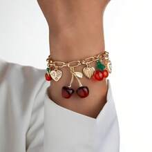 1pc Sweet Cute Cherry Bracelet, Minimalist Multi-Use Heart & Bow Tassel Bracelet, Delicate Gift Style Suitable For Holidays, Birthday, Mother's Day - Multicolor - View 1