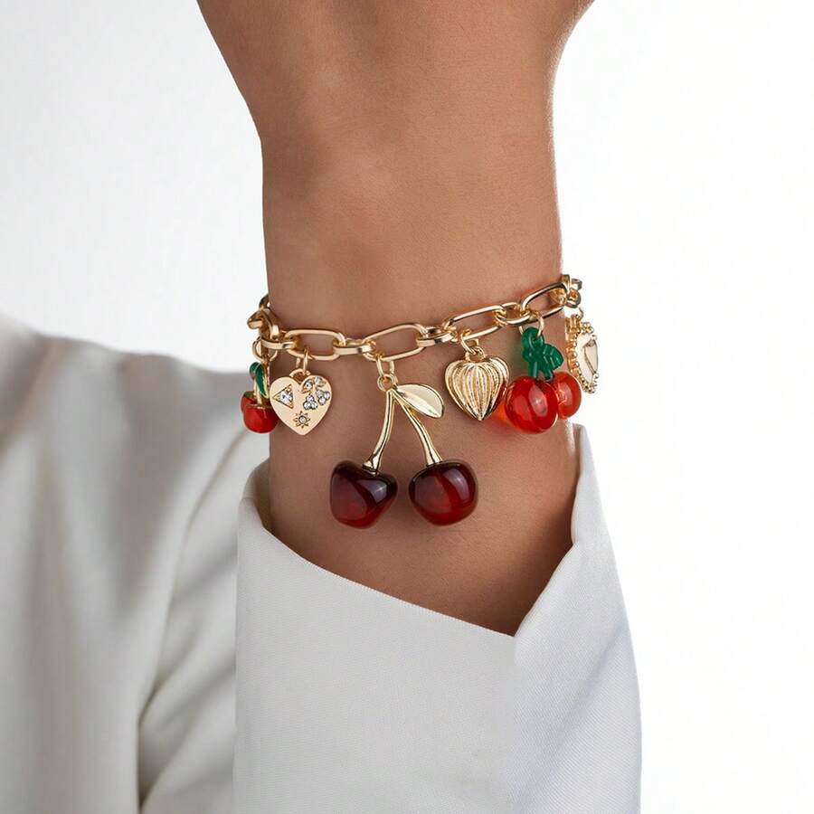 1pc Sweet Cute Cherry Bracelet, Minimalist Multi-Use Heart & Bow Tassel Bracelet, Delicate Gift Style Suitable For Holidays, Birthday, Mother's Day - Multicolor - View 1
