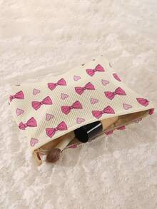 1个便携式化妆包，蝴蝶结和爱心图案，双面印花拉链化妆袋，多功能旅行洗漱用品收纳包 - 彩色 - 查看 4