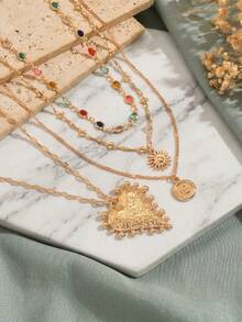 4pcs/Set Fashionable Colorful Crystal Necklace, Elegant Versatile Gold Sun, Moon, Heart Multilayer Necklace, Suitable For Daily Wear And Party Occasions - Multicolor - View 3