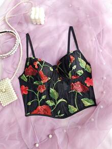 Sexy Black Floral Embroidery Corset Top - Black - View 5