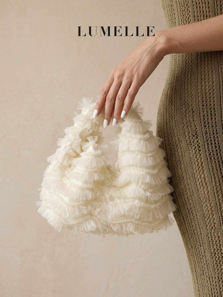 Túi xách mini xếp ly bằng voan dễ thương - Túi đeo vai xếp tầng màu kem, ví cầm tay cô dâu cho phù dâu và các sự kiện buổi tối. - trắng - Xem 1