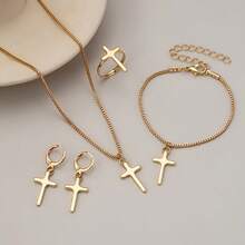 5pcs Elegant Vintage Personalized Cross Design Necklace, Bracelet, Ring, Earrings Jewelry Set, Suitable For Women's Daily Wear - Multicolor - View 4