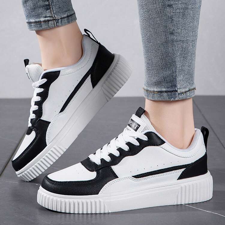 Zapatos de mujer con bloques de color, casuales y deportivos, ligeros y transpirables para comodidad diaria en primavera y otoño. Zapatos gruesos, tenis blancos, zapatillas, para uso en exteriores, oficina, trabajo, caminata, viaje y deporte - Blanco y Negro - Añade 5