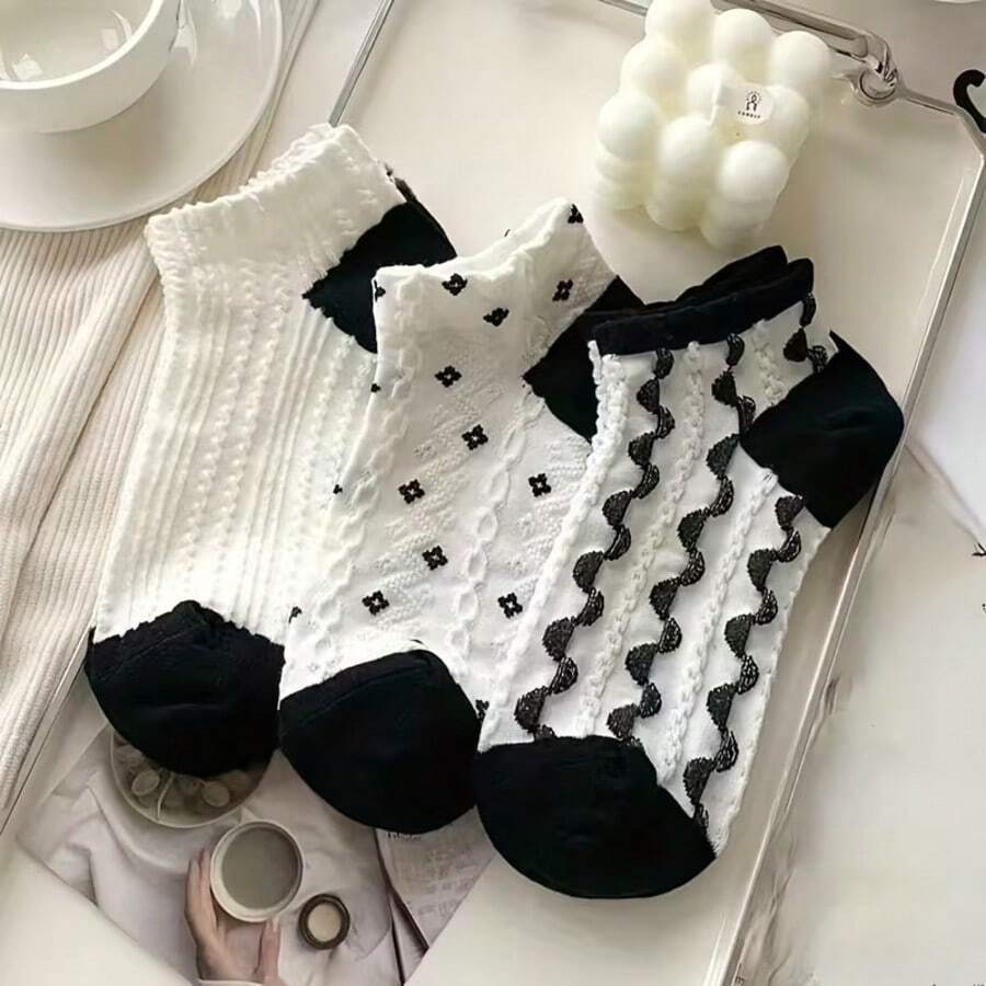 5 Pairs Black & White Ruffle Trim Socks - Cute Panda & Floral Knit Ruffle Trim Women's Ankle Socks, Japanese Lolita Style Invisible Socks
