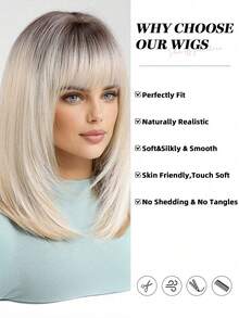 14英寸棕色渐变金色层次刘海中长直发合成编织假发，女士假发，适合假日旅行、居家聚会、角色扮演、日常佩戴，也适合万圣节、圣诞节、新年、嘉年华、音乐节等场合。可作为女孩礼物、夏季毕业礼物、现成礼物、万圣节圣诞节礼物等。 - 金色 - 查看 3