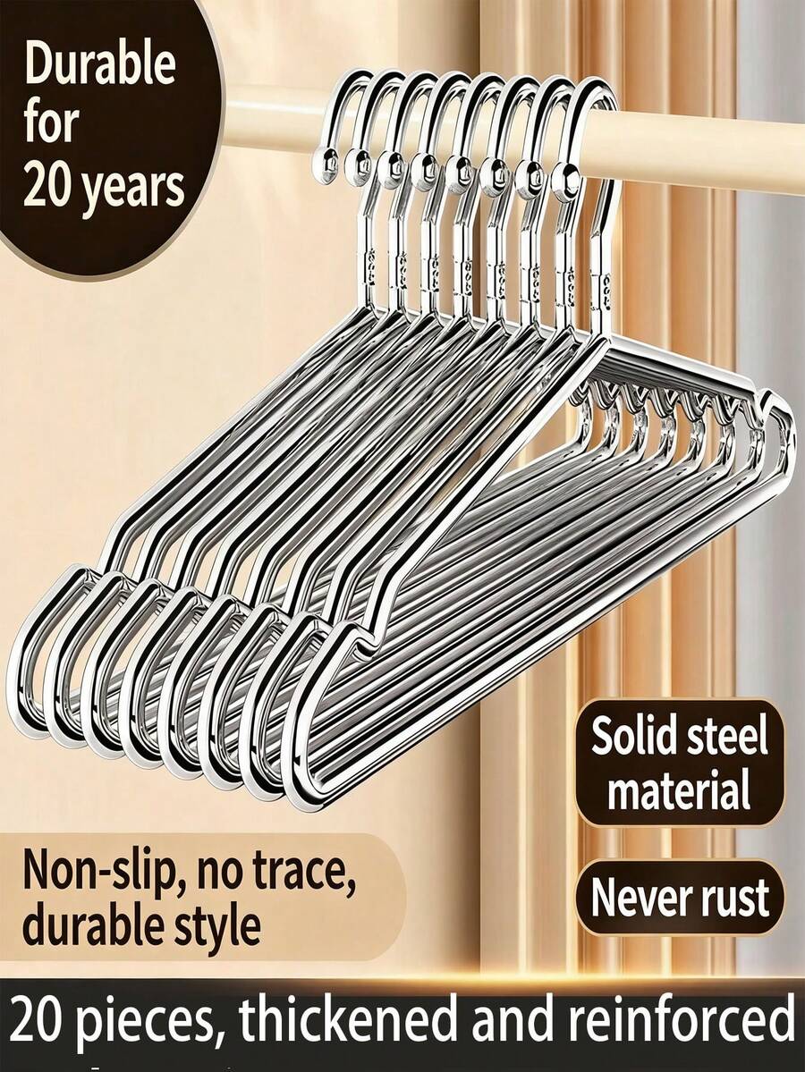 10pcs Stainless Steel Clothes Hangers, Solid Garment Rack, Drying Rack, Balcony Anti-Slip - Silver - View 1