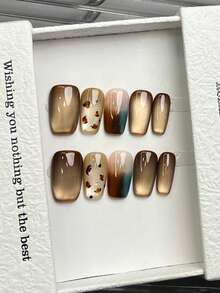 10 Peças Unhas Feitas à Mão Quadradas e Redondas, Unhas Acrílicas Coladas, Curtas e Médias, Minimalismo Marrom, Unhas Brilhantes de Olho de Gato, Padrão de Leopardo Verde e Marrom Degradê, Unhas Elegantes e Simples Artesanais de Luxo para a Primavera, Unhas de Verão, Estilo Moderno, Unhas Versáteis DIY para Festa, Uso Diário e Encontros, Praia e Férias Tropicais, Reutilizáveis, para Mulheres e Meninas como Presente, Suprimentos de Unhas - Multicolorido - Visão 15