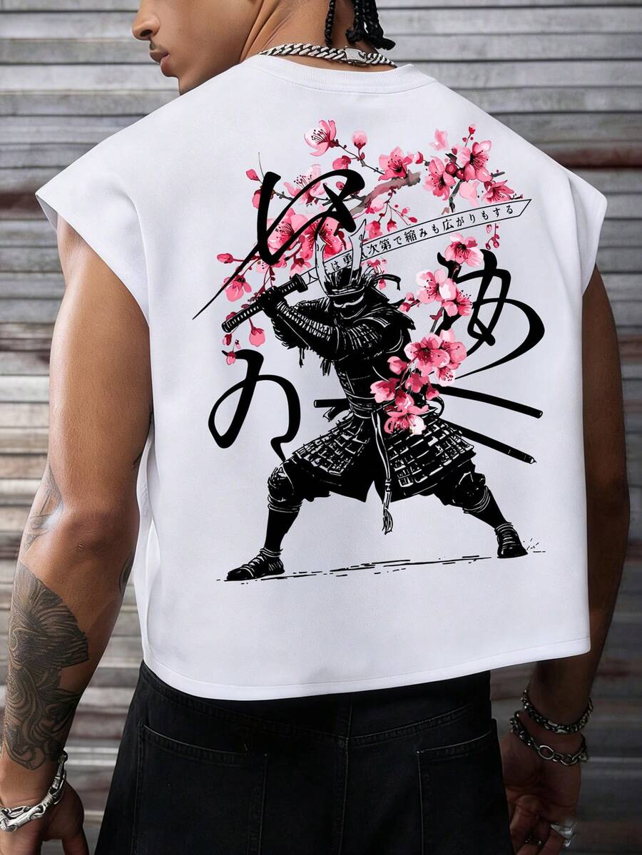 Áo tank top không tay dáng rộng tối giản phong cách Sakura Samurai, in hình kiếm Samurai kiểu Mỹ cổ điển Nhật Bản - Màu trắng, cổ tròn. - trắng - Xem 1