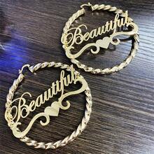 Personalized Name Twisted Hoop Earrings For Women, Custom Name Stainless Steel Earrings, Bohemian Oversize Earrings, Love Heart & Wave Patterns, Hip-Hop & Style Jewelry, Suitable For Anniversaries, Birthdays, Christmas Gifts - Gold - View 4