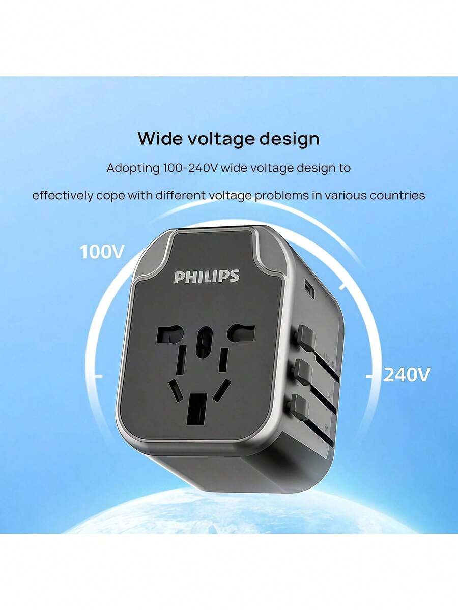 PHILIPS 通用旅行适配器,国际多功能插头转换器,适用于英国、欧盟、美国、澳大利亚、德国、日本、韩国、香港,2A1C多端口充电 - 彩色 - 查看 1