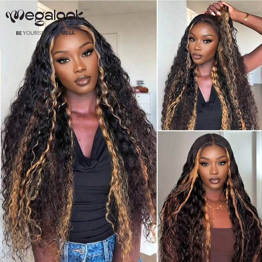 MEGALOOK 13x6蕾丝前置三合一™蜂蜜金发额饰无胶假发波西米亚卷发真人发蕾丝假发，带可调节抽绳透明耳到耳蕾丝，100%真人发假发 - 彩色 - 查看 1
