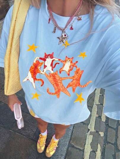 2000s Style New Summer Unisex Vintage T-Shirt With Dancing Cat And Star Pattern, Loose And Comfortable, Suitable For Summer Wear