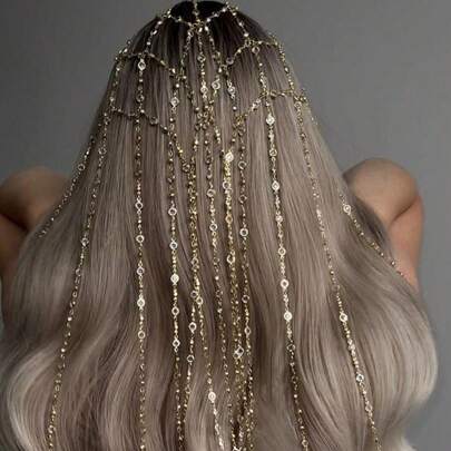 1件闪亮水钻流苏头链，时尚珠宝配饰，适合新娘婚纱、派对礼服。