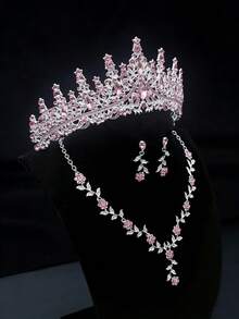 Set de joyería nupcial de 3 piezas con corona de lujo con rhinestones, conjunto de collar y aretes con corona de diamantes rosas estilo princesa, adecuado para boda/fiesta - Rosa - Ver 3