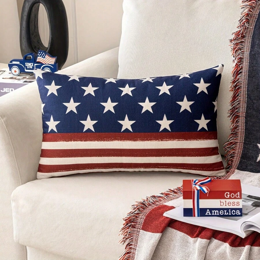 1pc Patriotic American Flag Linen Pillow Cover - 4th Of July Decorative Throw Cushion Case With Stars And Stripes Design, Zippered Closure, Machine Washable For Sofa, Couch, Or Bed (Single Side, No Insert - 1pc - 查看 1