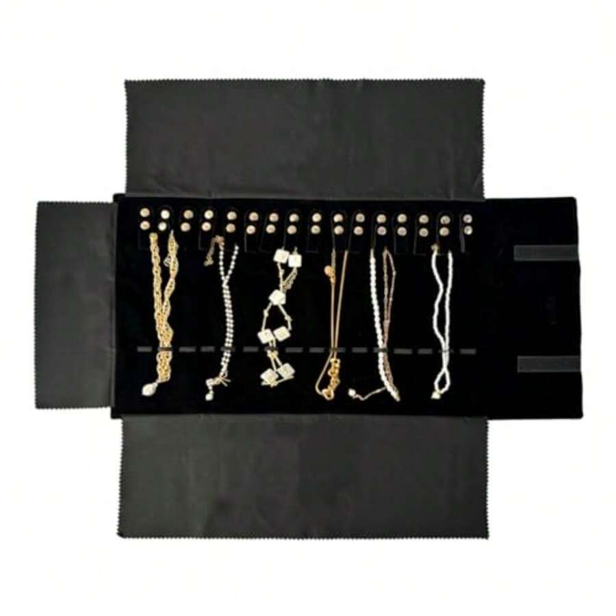 Velvet Travel Jewelry Roll Bag Organizer For Necklace Elastic Band And Anti-Winding Black - 黑色 - 查看 1