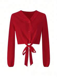Blusa elegante y versátil con nudo delantero de unicolor para mujer, apta para uso casual diario, en el hogar, para ir al trabajo y en citas, color rosa primaveral - Gran rojo - Ver 4