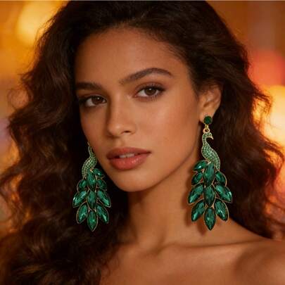1 par de pendientes de lujo con estilo bohemio, con cristales verdes en forma de pavo real colgantes, adecuados para viajes, fiestas y uso diario de mujeres