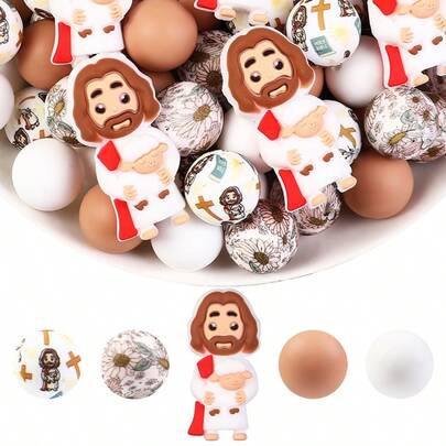 6/30pcs Cute 3D Jesus Faith Silicone Beads - Silicone Focal Beads, Polygon + Printed Round Beads + Convex Lens Beads, Fashionable Design, Beads Suitable For Jewelry Making, DIY Accessories, Holiday Party Decoration, Gifts, Pen Accessories And Decorative Accessories, And Other Handicrafts - Ideal Gift