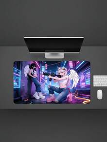 超大号光滑全覆盖游戏鼠标垫，可水洗防水防滑，尺寸为 39.37 英寸 x 19.69 英寸，橡胶底座和织物表面，赛博朋克双天使和城市景观图案，适用于键盘和电脑的大尺寸桌面垫，兼容有线和无线鼠标，办公和家庭使用皆宜，科技礼品，母亲节礼物 - 查看 2
