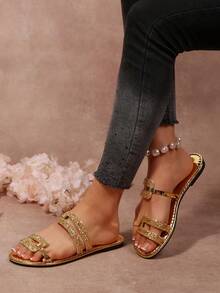 Women's Flat Fashion Gold Rimmed Slide Sandals, Minimalist Chic, Suitable For Holidays, Parties, Spring/Summer High Heel Sandals, Beach - Gold - View 6