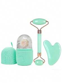 Bộ 3 món dụng cụ massage Gua Sha mặt, túi chườm đá, con lăn massage, dụng cụ cạo cơ thể, dụng cụ massage màu xanh lá cây, massage làm đẹp da mặt và nâng cơ. - màu xanh lá - Xem 1