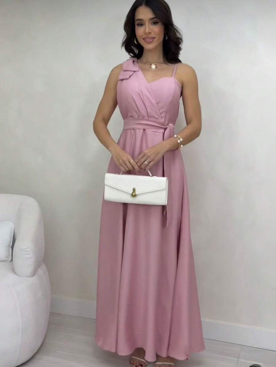 Women's Long Dress With Thin Straps And Bow, Elegant, Chic Party, Wedding, Graduation, Modest Fashion, Padded Bra, Size 3. - 淺粉色 - 查看 1
