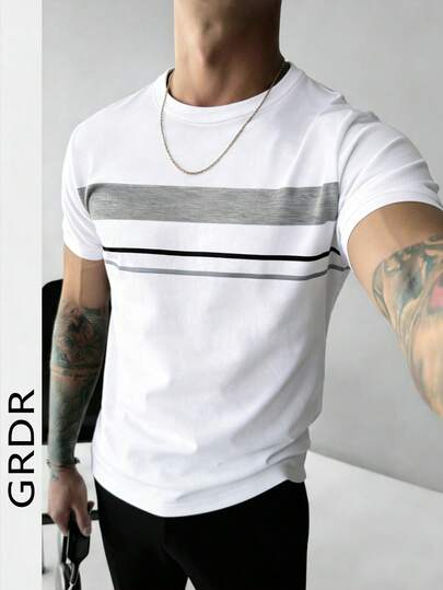 GRDR 1pc Summer New Contrast Color Business Casual Round Neck Men's Short Sleeve T-Shirt
