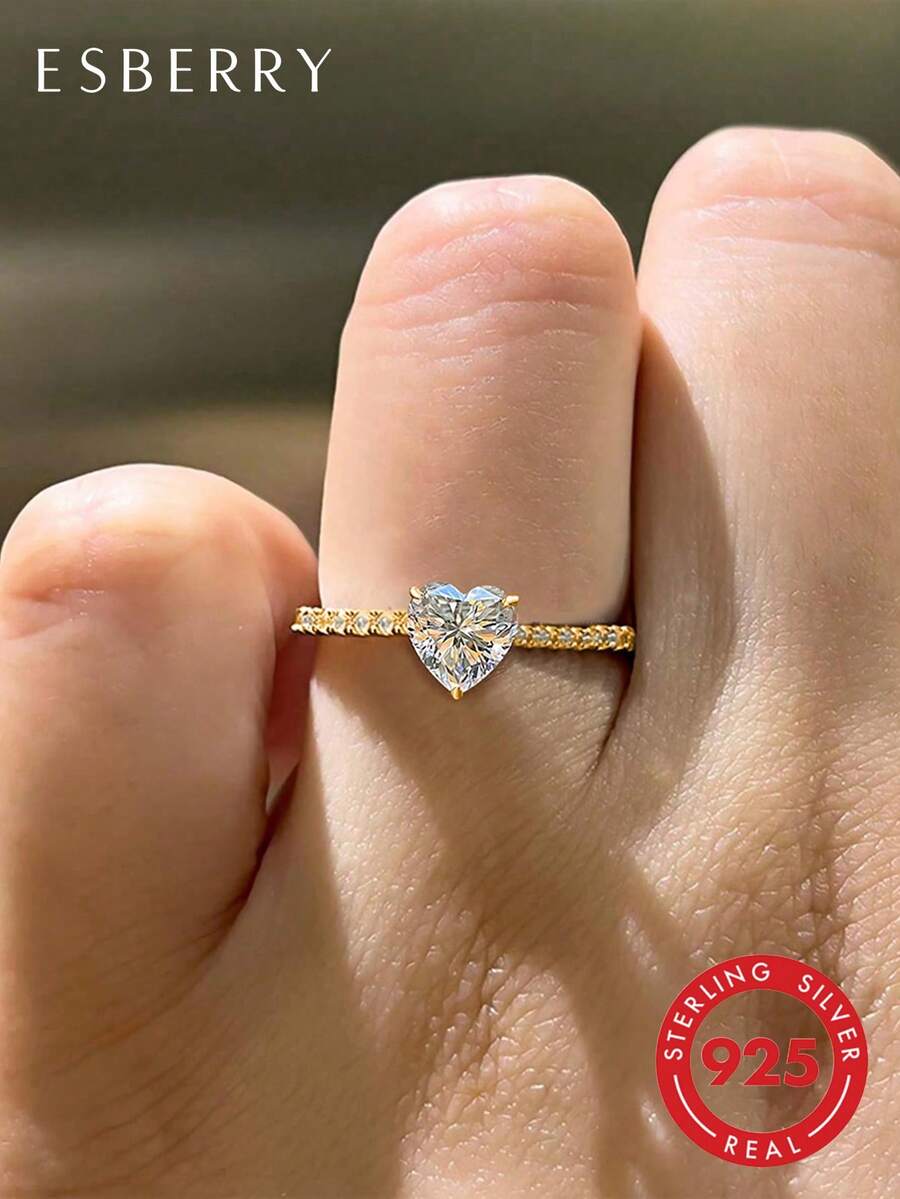 ESBERRY 1枚高光泽心形订婚戒指，女士S925纯银承诺戒指，永恒戒指，精美珠宝礼物，送给新娘