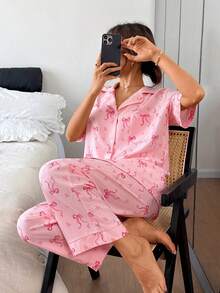 Dreamivo Set de pijamale roz cu imprimeu dulce și funde, cardigan cu guler, mânecă scurtă + pantaloni cu croi larg, material moale, pijama de casă feminină, poate fi purtată în aer liber, 2 bucăți - Roz - Vizualizare 5