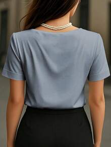 1 pieza Blusa de mujer de unicolor de satén con cuello en V y manga corta, elegante y de moda para uso diario, oficina, hogar, citas, primavera/verano, color negro casual - Gris - Ver 5