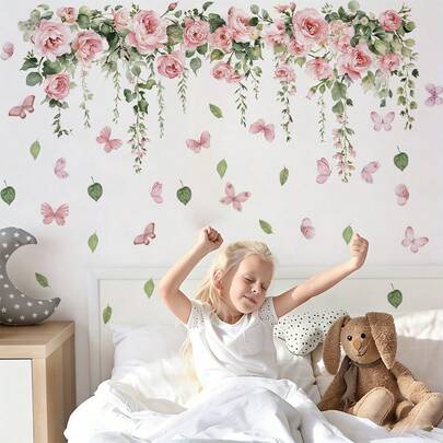 BRUP 1/2 张/套粉色玫瑰蝴蝶墙贴，充满奇思妙想的花藤飞舞蝴蝶，适合女孩卧室、客厅、厨房装饰，可移除即贴，春夏田园风儿童房主题艺术