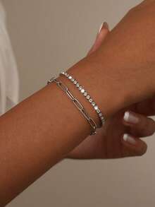 2-delars armbandsset för tonåringar, bohemisk sommarstrandstil, flerskiktad enkelkedja, gemkedja, tenniskedja med zirkonia, stapelbara armbandstillbehör, present - Silver - Visa 5