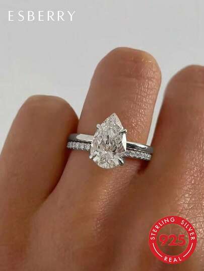 ESBERRY 1枚优雅925纯银四爪镶嵌独特设计钻石戒指，单钻订婚戒指，女士珠宝礼物，订婚礼物，派对礼物
