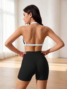 Nouveau ensemble 2 pièces printemps/été TCVC, soutien-gorge de sport sans couture et shorts pour femmes à haute élasticité - Noir - Voir 2
