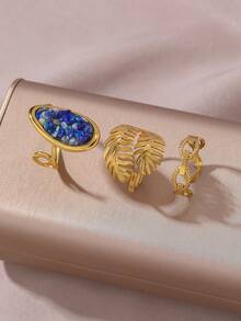 3件套不锈钢镀18K金极简几何绿松石叶镂空开口戒指首饰套装，适合女性日常佩戴 - 金色 - 查看 4