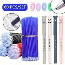Bộ 60 bút bi xóa được 0.55mm, gồm 4 bút, 50 ruột bút thay thế, 6 cục tẩy, màu đen và xanh dương, thích hợp cho kỳ thi, họa tiết động vật dễ thương, tuyệt vời để luyện tập, đồ dùng học tập và văn phòng phẩm, vật dụng cần thiết cho năm học mới. - Bộ - Xem 1