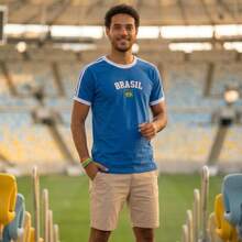 Men's Retro Brazil T-Shirt With Embroidered Design, Combed Cotton. - 藍色 - 查看 2