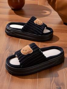 1 đôi dép đi trong nhà bằng vải lanh dệt họa tiết sọc động vật, thích hợp mang ở nhà quanh năm. - màu đen - Xem 2