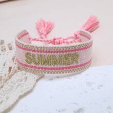1条复古刺绣“SUMMER”字样手工编织波西米亚风手链，适合送给家人、朋友、学生，也适合旅行和派对佩戴。 - 淺粉色 - 查看 4